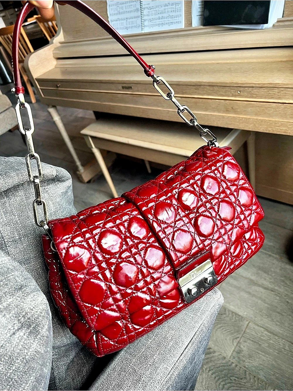 Christian Dior Patent Cannage New Lock Pouch Shoulder Bag Red